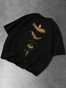 Manfinity LEGND 男士时尚休闲通勤款眼睛字母印花短袖黑色T恤，夏季 - 黑色 - 查看 5