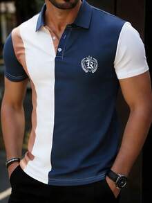 Manfinity Mode 男士休闲日常通勤徽章印花撞色短袖Polo衫，夏季蓝黑白衬衫，男士高尔夫球衫，男士Polo衫，蓝白套装，男士服装，复古风格，日常休闲，周末旅行，户外活动，探险旅行，轻松的工作环境或半正式场合，男友/丈夫礼物，周年纪念/生日礼物，派对，暑假，新年，婚礼，情人节 - 彩色 - 查看 3
