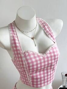 Elamini Women's Plaid Halter Top And Mini Skirt 2 Pieces Set - Pink - View 1