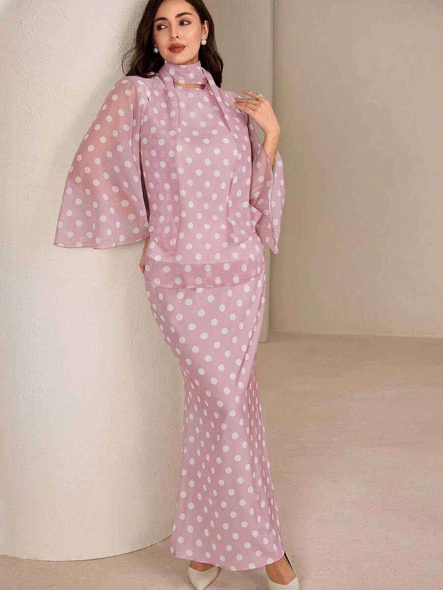 Graceveil 女士波点雪纺系腰两件套 - 藕粉色 - 查看 1