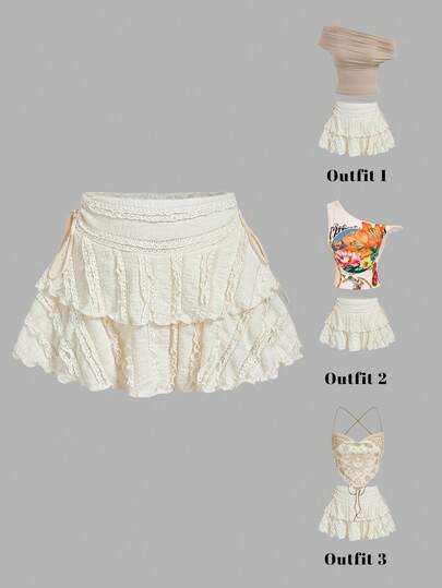 SHEIN MOD Drawstring And Fold Detail Solid Color Cake Skirt,Holiday Outfits,Carnival Costume,Creamy Skirt,Casual Skirt, White Skirt,Vacation White Skirt,Spring/Summer Outfits, Party ,Holiday Outfits, Birthday,Festival,