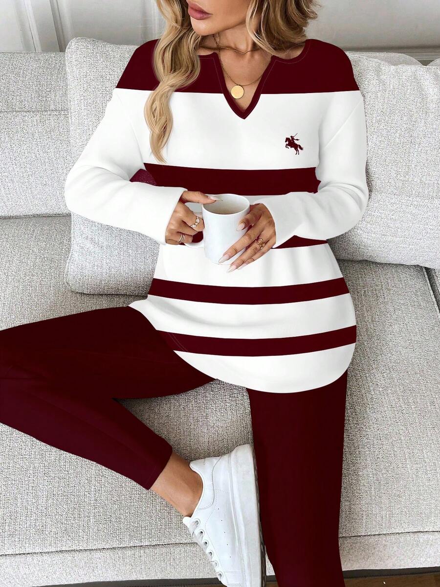 EMERY ROSE Bộ đồ 2 món cỡ lớn mùa xuân/thu: áo thun và quần legging kẻ sọc tương phản, kiểu dáng thường ngày. - Màu Đỏ Sâu - Xem 1