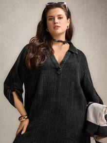 Zelara Vestido Casual Reto e Solto com Manga Enrolada e Cor Sólida para Mulheres Plus Size