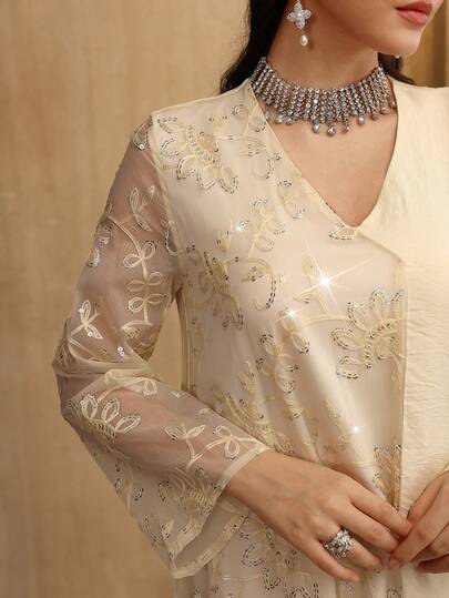 Al Najma Elegant Women's Loose Fit Long Sleeve Dress With Beaded Embroidery Patchwork Design