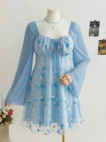 Soleia Plus Size Embroidered Blue Long Sleeve Mini Dress - Baby Blue - View 1