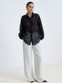 Aveloria Modichic Áo kiểu dài tay cổ bẻ bằng vải chiffon mỏng nhẹ, tối giản, dễ phối đồ, màu đen trắng chấm bi, dành cho nữ. - màu đen - Xem 4