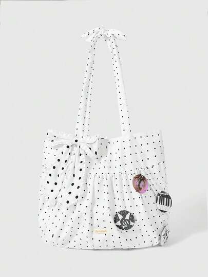 ROMWE Anime A White Polka Dot Canvas Shoulder Bag With A Polka Dot Bow And Music Badge - A Multi-Functional Commuter Bag/Shoulder Bag.