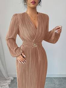 Rafferiza Luxurious Elegant Wrap V-Neck Dress With Ruched Design, Elastic Waist, Metal Buckle Decoration, Detachable Waist Belt, Slimming Long Sleeve Dress In Deep Wine Red, Suitable For Commute, High-End Cocktail Party, Gala, Private Salon, And Other Occasions - Champagne - View 5