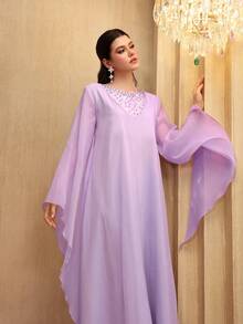 SHEIN Najma Beaded Decor Extra Long Sleeve Maxi Tunic Dress, Turkish & Arabic Traditional Style - Purple - View 3