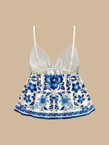 Travachic Women's Casual Minimalist Woven Bohemian Blue White Floral Print A-Line Spaghetti Strap Tassel Hem Tank Top, Spring Summer Beach Vacation Outfit, Boho Tropical Vacation Party Date Sexy Wedding Guest B Spring - Multicolor - View 2