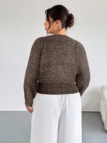 Firerie Plus Size Solid Color Front Button Long Sleeve Casual Knit Cardigan In Fall/Winter - Brown - View 2