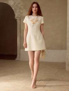MOTF PREMIUM SPRING/SUMMER FLORAL APPLIQUES WAIST CINCHED SHORT DRESS - Apricot - View 5