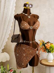 Bộ bikini màu kaki đính sequin mới dành cho nữ, thời trang cho bãi biển, kỳ nghỉ và hẹn hò, mùa xuân/hè. - màu nâu - Xem 6