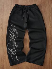 TOKVUE 男士街头风INS侧边刺绣长裤，适合户外音乐节、夜店、送给男友/老公的礼物、周年纪念礼物，黑色休闲运动裤 - 黑色 - 查看 3