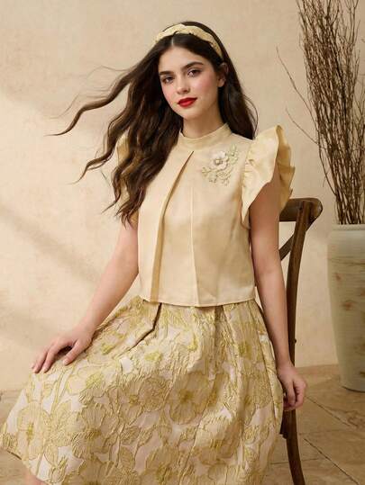 SHEIN Teen Girl Elegant Party Banquet 3D Applique Decor Ruffle Armhole Top And Jacquard Mini Skirt Set
