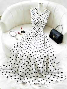 Franclia Women's Spring/Summer V-Neck Sleeveless Black And White Polka Dot Long Elegant Pleated Waist Dress | Black And White Dress | Black Dress | White Dress | Polka Dot Dress | Elegant Dress | Sleeveless Dress | V-Neck Dress | Summer Vacation Dress | Valentine's Day Dress | Elegant Party Dress | Women's Beach Dress | Women's Wedding Guest Dress | Women's Casual Dress | Women's Casual Skirt - Black and White - View 1