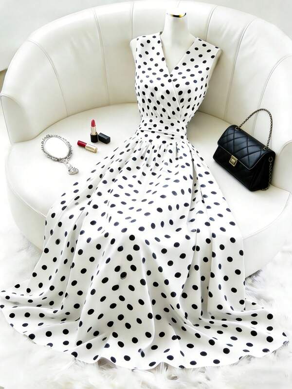 Franclia Vestido de lunares negros y blancos para mujer, primavera/verano