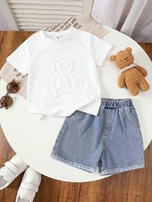 SHEIN Little Byeori 2件套儿童/青少年男童休闲百搭舒适圆领宽松短袖针织T恤和牛仔短裤套装，适合返校穿着 - 白色 - 查看 2
