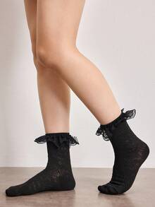 ROMWE Goth Women's Fashionable And Sweet Ruffle Trim Pink Mid-Calf Socks - Black A - View 3