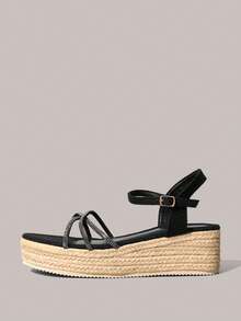 Styleloop Sandal đế xuồng dây đan cho nữ, phong cách nghỉ dưỡng BOHO Chic Retro American Western, thích hợp cho các lễ hội âm nhạc và tiệc tùng. - Màu đen 1 - Xem 2