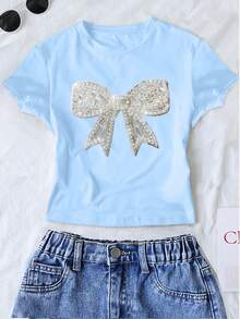 Áo thun ngắn tay cổ tròn ôm sát người dành cho bé gái, họa tiết bướm và đính đá, kiểu dáng thường ngày thanh lịch, phù hợp cho mùa hè, phong cách preppy Mỹ, màu xanh dương. - Màu xanh lam - Xem 7