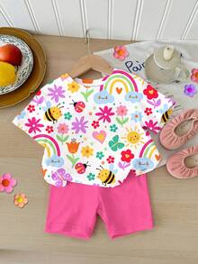 SHEIN 2pcs/Set Baby Girl Casual Cute Floral, Face, Rainbow, Insect, Butterfly Print Round Neck Short Sleeve T-Shirt And Shorts Set, Suitable For Spring/Summer Daily & Vacation