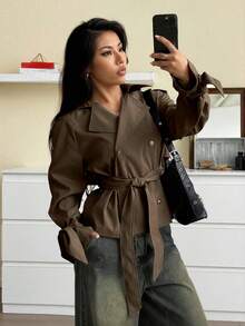 SHEIN EZwear 秋季女士休闲百搭咖啡棕色系带长袖风衣 - 咖啡棕 - 查看 4