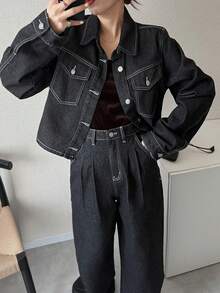 FRIFUL 女士纯色前扣长袖上衣和阔腿牛仔裤套装 - 藍色 - 查看 2