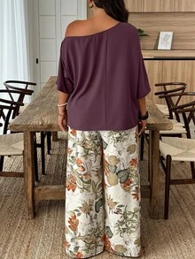 Weeklong 随机印花休闲度假风大码上衣和裤子两件套 - 彩色 - 查看 2