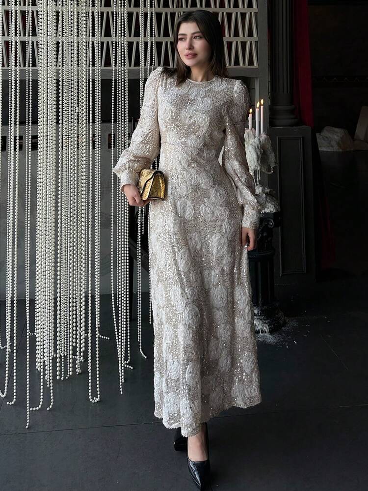 Elegant Textured Long Sleeve Midi Dress For Women, Suitable For Spring/Summer, Weddings, Parties, Formal Events Sundress