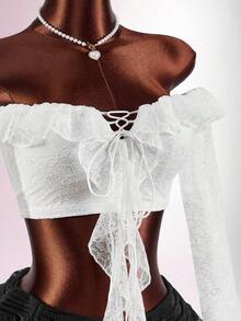 Amplova 女士花卉蕾丝拼接荷叶边露肩系带设计短款时尚上衣，适合度假、Y2K 和情人节穿着 - 白色 - 查看 8