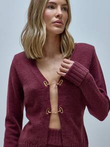 MUSERA Open Front Gold Clasp Trim Chunky Rib Knit Cardigan Coord Top Only Office Everyday Work Cute Coolgirl Tailoring - Maroon - View 2