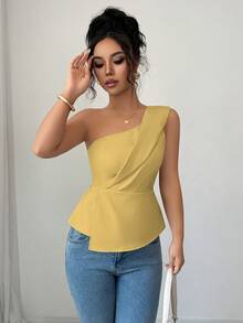 Selianne Blusa plisada de unicolor elegante para mujer, adecuada para el uso diario en verano - amarillo ganso - Ver 4