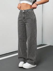 SHEIN Teen Girl Fashion Casual Based Denim Baggy Jeans Soft Dailywear Summer And Spring Rave Festival And Beach Wide Leg Jeans Fall Winter - Grey - View 4