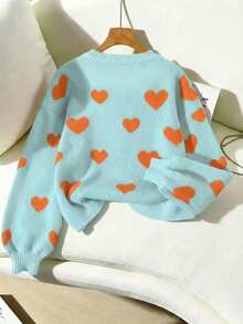 Franclia Suéter casual de hombros caídos con estampado de corazones, otoño/invierno - Multicolor - Ver 2