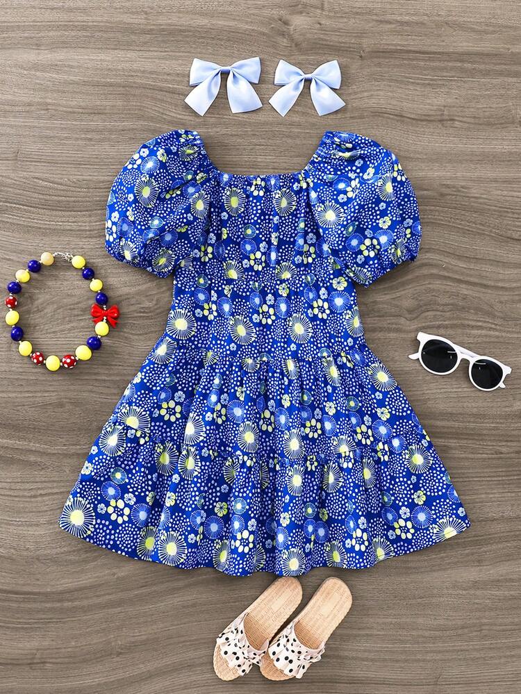 Young Girl Vintage Floral Pattern Off-Shoulder Puff Sleeve Summer Dress