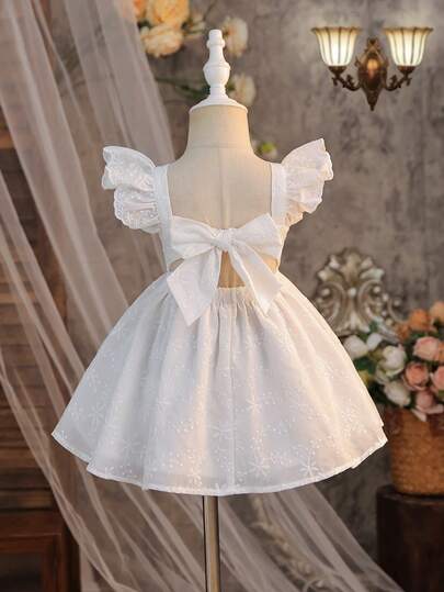 SHEIN Baby Girl Woven Solid Color Square Neck Dress,Waist Fitted A-Line Dress, For Wedding, Party, Prom, Holiday, Spring Break, Valentine's Day, Flower Girl, Cute & Elegant & Sweet & Vintage & Fashionable. Mom And Daughter & Sisters Matching, Family Vacation, Daily Wear, Home Family Gatherings And Special Occasions, Sibling Outfits, Gorgeous Princess, For Birthdays, Spring/Summer.White Dress Baby Girl Lace White Dress White Butterfly Dress White Party Dress