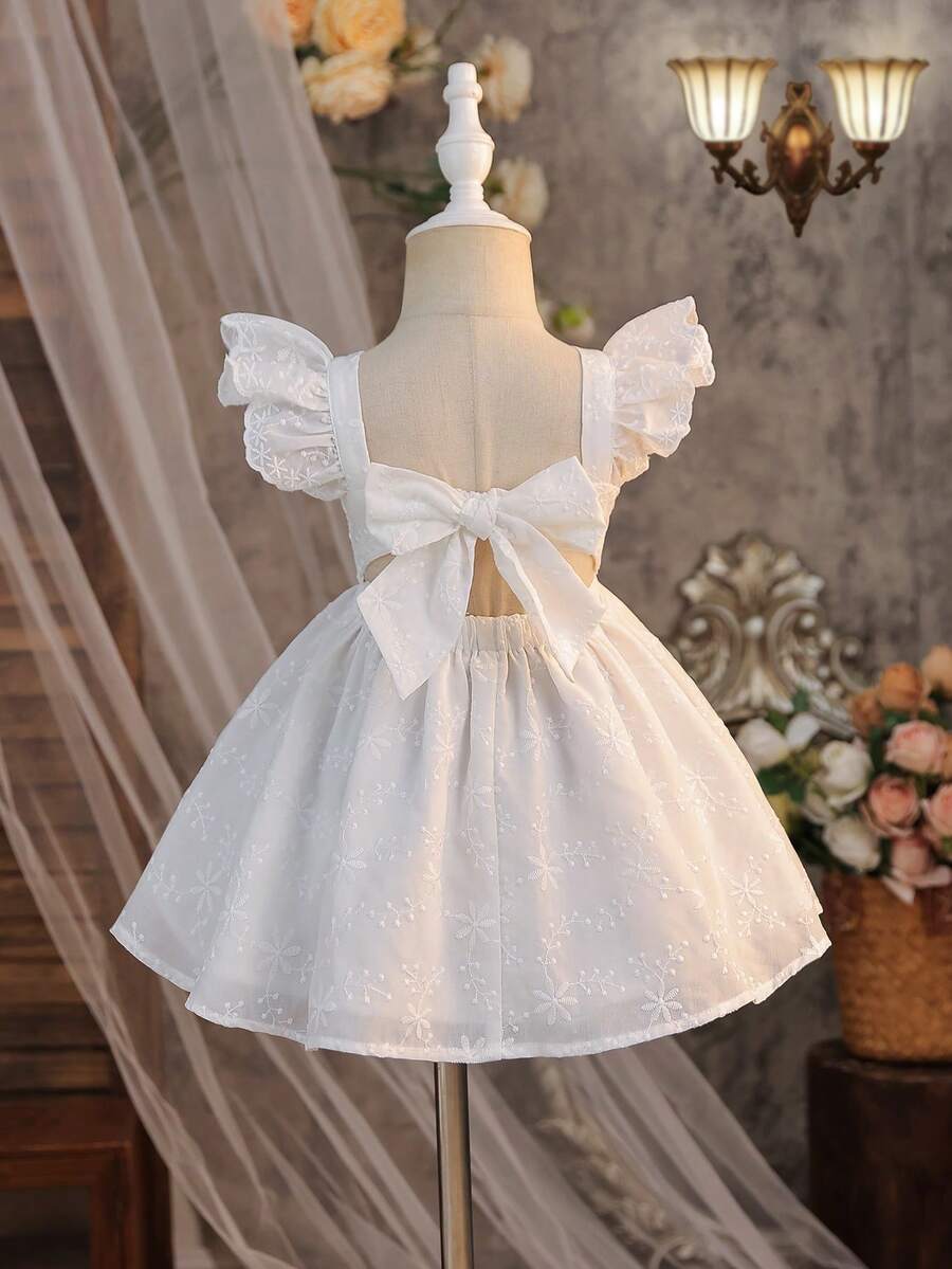 SHEIN 女婴纯色梭织方领荷叶边下摆休闲连衣裙 - 白色 - 查看 1