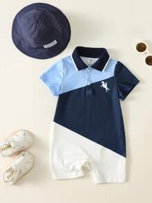 SHEIN 2pcs/Set Newborn Unisex Baby Boy/Girl Navy Blue Contrast Color Patchwork Cute Casual Short Sleeve Polo Romper And Sun Hat Set,Summer Family Matching - Navy Blue - View 3