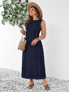 SHEIN Tall CURVE 春夏女士加大码无袖优雅牛仔度假休闲夏季长裙 - 深色水洗藍 - 查看 7