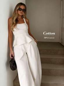 Easowa 女士纯色吊带背心和阔腿裤休闲两件套情人节服装纯白色背心连衣裙休闲宽松复古风服装白色亚麻裤套装奶油色两件套亚麻两件套套装夏季棉质两件套春季服装，休闲服饰 - 白色 - 查看 1