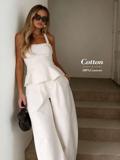 Easowa Conjunto de 2 piezas de camiseta de tirantes de unicolor y pantalones de pierna ancha, conjunto casual de Día de San Valentín, vestido de chaleco blanco puro, conjunto de estilo casual suelto de dinero viejo, conjunto de pantalones de lino blanco, conjunto de 2 piezas de crema, conjunto de 2 piezas de lino, conjunto coordinado de verano de algodón de 2 piezas, conjunto de primavera casual