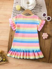 SHEIN Cute Baby Girl Blue Striped Summer Dress,Versatile Princess Multicolor Colorful Stripe Outfit For Toddlers,Pastel Birthday Party Wedding Performance - Multicolor - View 5