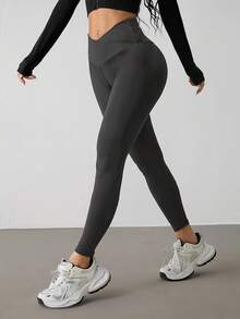 SHEIN PETITE Women's Solid Color V-Waist Slim Fit Casual Pants - Dark Grey - View 8