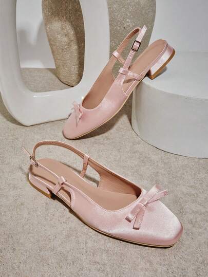 SHUZIA Women's Elegant Bow Knot Satin Slingback Low Heel Pumps Valentine's Day