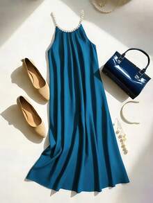 Franclia French-Style Light Luxury Fashion Elegant And Exquisite Vest Dress With Pearl Chain Collar, Red Vest Summer Dress, Blue Fashion Dress, Women's Elegant Dress, Women's Luxury Dress, Summer Dress, Women's Summer Outfit, Women's Wedding Guest Dress, Wedding Party Dress, Women's Graduation Dress, Party Dress Ocean Dress Simple Dress Bubble Beads Dress Loose Dresses Blue Dress Summer Long Blue Dress Dress With Pearls Halter Neck Dress Blue Silk Dress Bubble Dress - Teal Blue - View 2