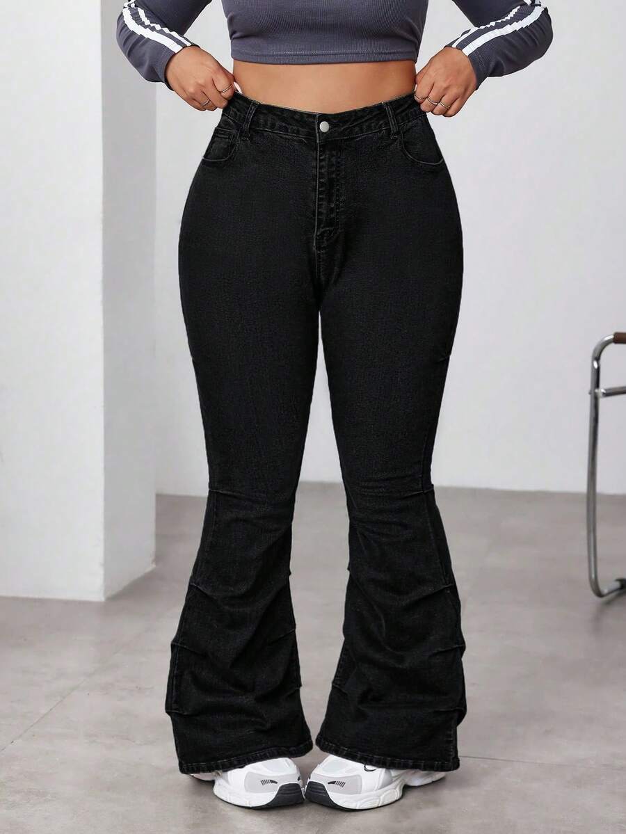 SHEIN ICON Quần jeans ống loe cạp cao màu trơn đơn giản, đa năng dành cho nữ cỡ lớn, thích hợp mặc hàng ngày đi làm. - màu đen - Xem 1