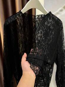 EMERY ROSE Plus Size Women Sexy Layered Lace Blouse - Black - View 2