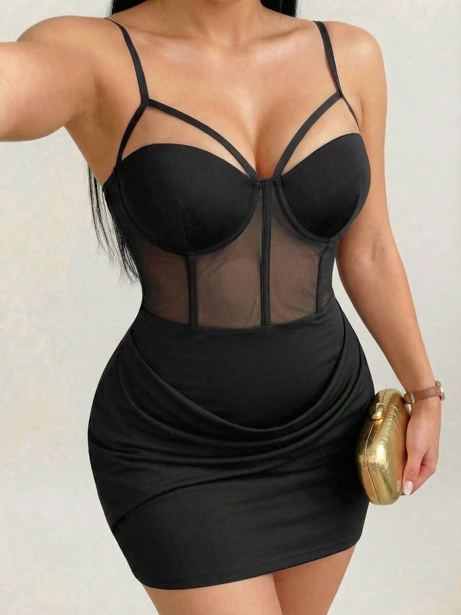 SHEIN SXY Abito a sottoveste aderente in stile sexy con inserti in rete, taglie comode, adatto per l'estate - nero - Visualizzare 1