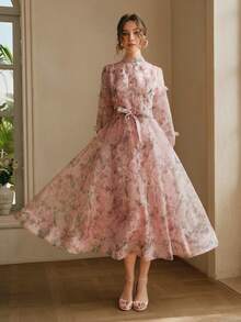 Anewsta Romantic Floral Print Decor Stand Collar Long Sleeve Dress With Belt, Suitable For Valentine's Day & Vacation - Multicolor - View 6